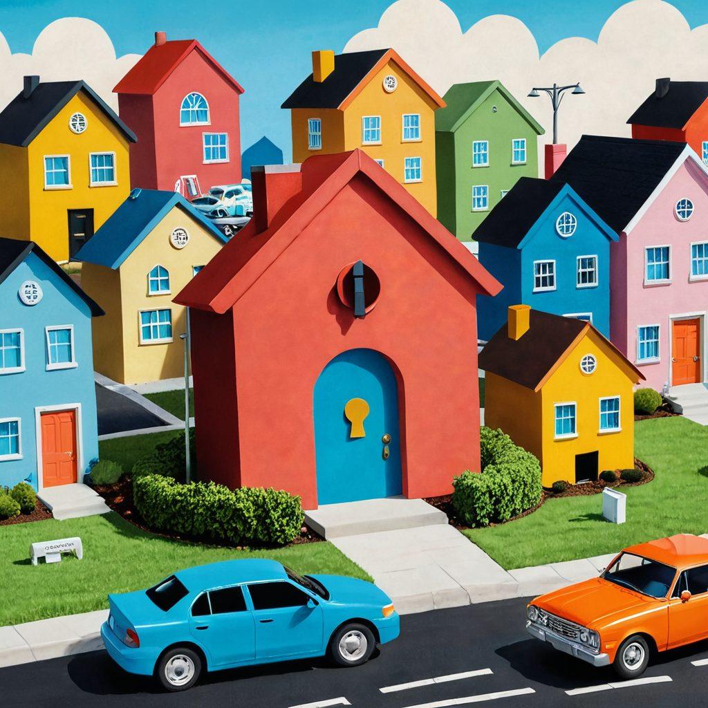 A hand unlocking a large keyhole shaped like a car, surrounded by floating dollar signs and insurance policy documents. The background features a suburban neighborhood with cars parked outside houses, symbolizing community and affordability. Colors should be bright and inviting to convey optimism about finding budget-friendly insurance options. cartoonish style. vibrant colors.
