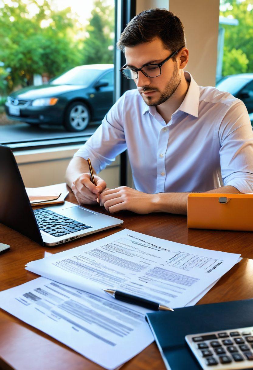 A person analyzing various car insurance documents on a table, surrounded by a laptop, calculator, and notepad filled with calculations. In the background, a diverse group of cars representing different insurance options. Soft sunlight filtering in from a nearby window, creating a warm atmosphere of resourcefulness and trust. super-realistic. vibrant colors. clean background.